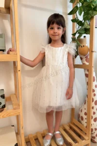 penu baby kids White Half Sleeve Print Striped Tulle Baby Girl Dress - Image 3