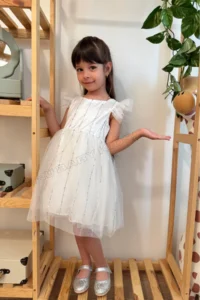 penu baby kids White Half Sleeve Print Striped Tulle Baby Girl Dress - Image 4