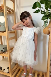penu baby kids White Half Sleeve Print Striped Tulle Baby Girl Dress - Image 5