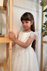 penu baby kids White Half Sleeve Print Striped Tulle Baby Girl Dress - Image 6