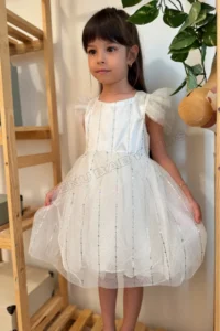 penu baby kids White Half Sleeve Print Striped Tulle Baby Girl Dress - Image 7