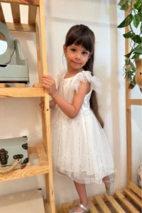 penu baby kids White Half Sleeve Print Striped Tulle Baby Girl Dress - Image 8