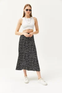 Olalook Women's Japanese Black Elastic Waist Patterned Long Skirt - Image 3