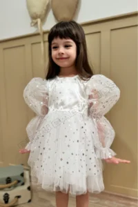 penu baby kids White Balloon Sleeve Starry Tulle Long Sleeve Girl's Dress
