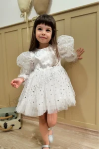 penu baby kids White Balloon Sleeve Starry Tulle Long Sleeve Girl's Dress - Image 2
