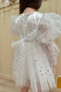 penu baby kids White Balloon Sleeve Starry Tulle Long Sleeve Girl's Dress - Image 5
