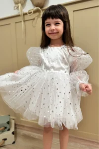 penu baby kids White Balloon Sleeve Starry Tulle Long Sleeve Girl's Dress - Image 6