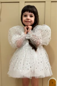 penu baby kids White Balloon Sleeve Starry Tulle Long Sleeve Girl's Dress - Image 7