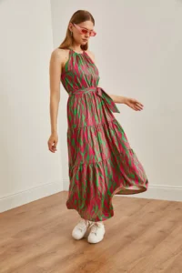 Olalook Women's Zebra Fuchsia Green Halter Neck Belted Woven Viscon Dress - Image 5