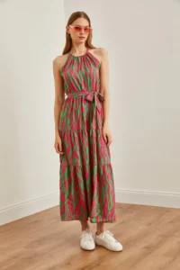Olalook Women's Zebra Fuchsia Green Halter Neck Belted Woven Viscon Dress - Image 4