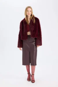 DeFacto High Waist Combed Cotton Lined Slit Midi Faux Leather Claret Red Pencil Skirt - Image 2
