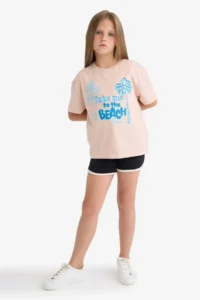 DeFacto Relax Fit Palm Tree Printed Crew Neck Short Sleeve T-Shirt for Girls - Image 2