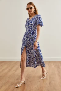 Olalook Women's Patterned Saks Blue V-Neck Belted Buttoned Knitted Dress - Image 4