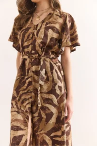Olalook Women's Camel Brown V-Neck Belted Woven Mini Shirt Dress Elb- - Image 5