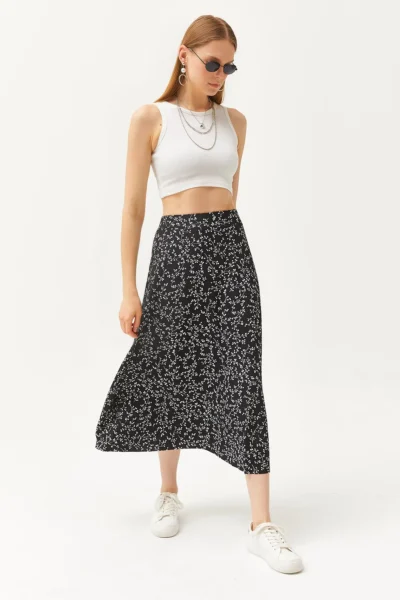Olalook Women's Japanese Black Elastic Waist Patterned Long Skirt