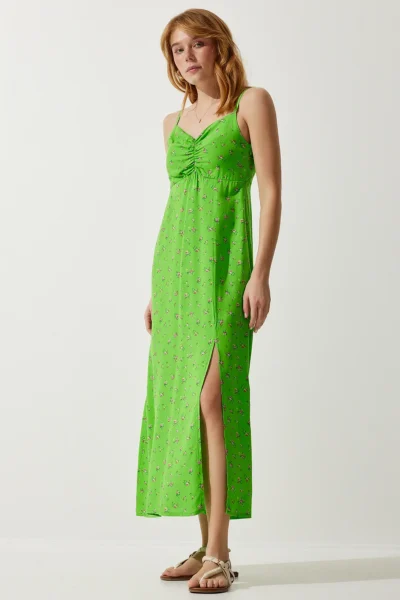 Happiness İstanbul Women's Pistachio Green Strappy Patterned Viscose Dress