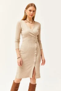 Olalook Women's Stone Double Breasted Collar Slit Button Detailed Raised Dress - Image 5