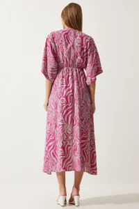 Happiness İstanbul Women's Pink Gray Wrap Collar Patterned Summer Viscose Dress - Image 5
