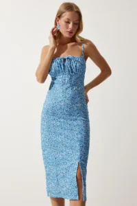 Happiness İstanbul Women's Vivid Sky Blue Floral Slit Summer Knitted Dress CI00029 - Image 2