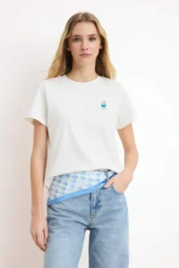 TRENDYOLMİLLA Ecru Regular/Normal Pattern Short Sleeve Embroidered Tok 100% Cotton Knitting T-Shirt