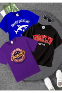 twins tailors Shark Printed 3 Pack Unisex Saks Blue-Black-Purple Kids T-Shirt