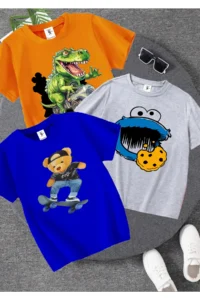 twins tailors Cookie Monster Printed 3-Pack Unisex Saks Blue-Grey-Orange Kids T-Shirt