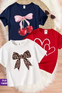 twins tailors Ribbon And Heart Printed 3 Pack Navy Blue-Red-White Girls' T-Shirts