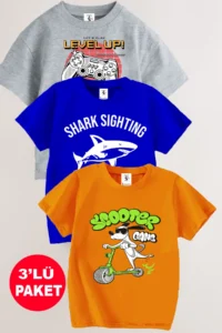 twins tailors Scooter And Shark Printed 3-Pack Unisex Saks Blue-Grey-Orange Children's T-Shirt
