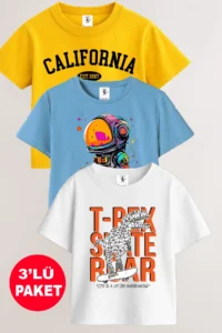 twins tailors Dinosaur And California Printed 3-Pack Unisex Blue-Yellow-White Children's T-Shirt
