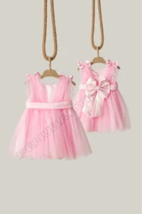 penu baby kids Pink Shoulder Bow Ribbon Tulle Baby Girl Dress - Bow - Image 8