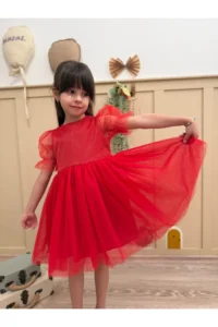 penu baby kids Red Short Balloon Tulle Sleeve Detailed Tutu Tutu Baby Girl Dress - Image 2