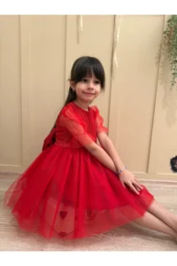 penu baby kids Red Short Balloon Tulle Sleeve Detailed Tutu Tutu Baby Girl Dress - Image 3