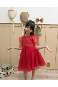 penu baby kids Red Short Balloon Tulle Sleeve Detailed Tutu Tutu Baby Girl Dress - Image 6