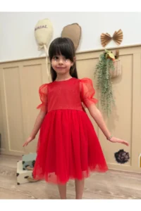 penu baby kids Red Short Balloon Tulle Sleeve Detailed Tutu Tutu Baby Girl Dress - Image 8