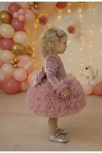 penu baby kids Velvet Long Sleeve Baby Girl Dress with Dusty Rose Bottom Tutu Skirt - Image 2