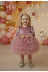 penu baby kids Velvet Long Sleeve Baby Girl Dress with Dusty Rose Bottom Tutu Skirt - Image 3