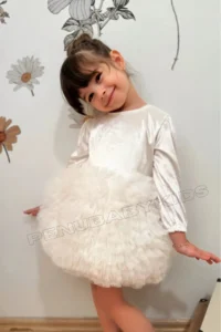 penu baby kids Ecru Velvet Long Sleeve Baby Girl Dress with Tutu Skirt