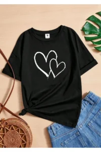 twins tailors Heart Printed 3 Pack Black-Black-White Girls T-Shirt - Image 4