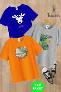 twins tailors Anime Printed 3-Pack Unisex Orange-Grey-Sax Blue Kids T-Shirt/T-Shirt