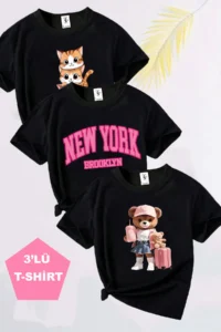 twins tailors Teddy Printed 3 Sets Paket Black Girls' T-Shirt