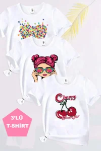 twins tailors Cherry Printed 3 Sets Paket White Girls' T-Shirt