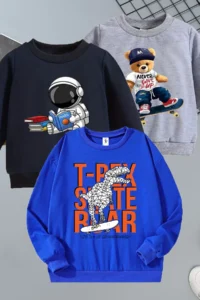 twins tailors Dinosaur and Astronaut Printed 3-Pack Unisex Grey-Navy-Sax Blue Children's Sweatshirts