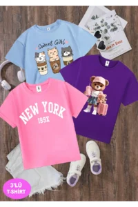 twins tailors New York Printed 3-Pack Pink-Light Blue-Purple Girls' T-Shirt