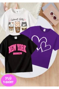 twins tailors Sweet Girl Cup Cat Printed 3-Pack Black-White-Purple Girls' T-Shirt