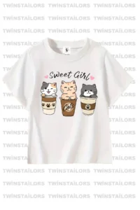 twins tailors Sweet Girl Cup Cat Printed 3-Pack Black-White-Purple Girls' T-Shirt - Image 4