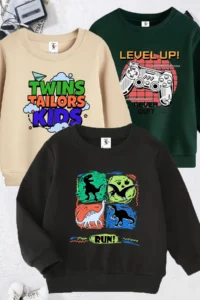 twins tailors Dinosaur And Mixed Printed 3-Pack Unisex Beige-Black-Green Kids Sweatshirt
