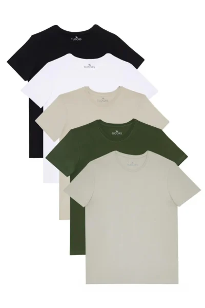 Tudors Unisex 5 Pack Black-White-Stone-Grey-Khaki Slim Fit Slim Fit 100% Cotton Crew Neck T-Shirt