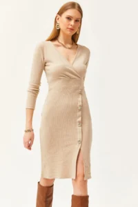 Olalook Women's Stone Double Breasted Collar Slit Button Detailed Raised Dress