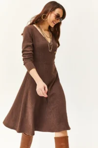 Olalook Women's Bitter Brown Button Detailed Double Breasted Midi A-Line Dress