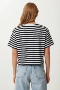 Lovelyİstanbul Oversize Striped Cotton Knitted T-shirt  BLACK WHITE - Image 4